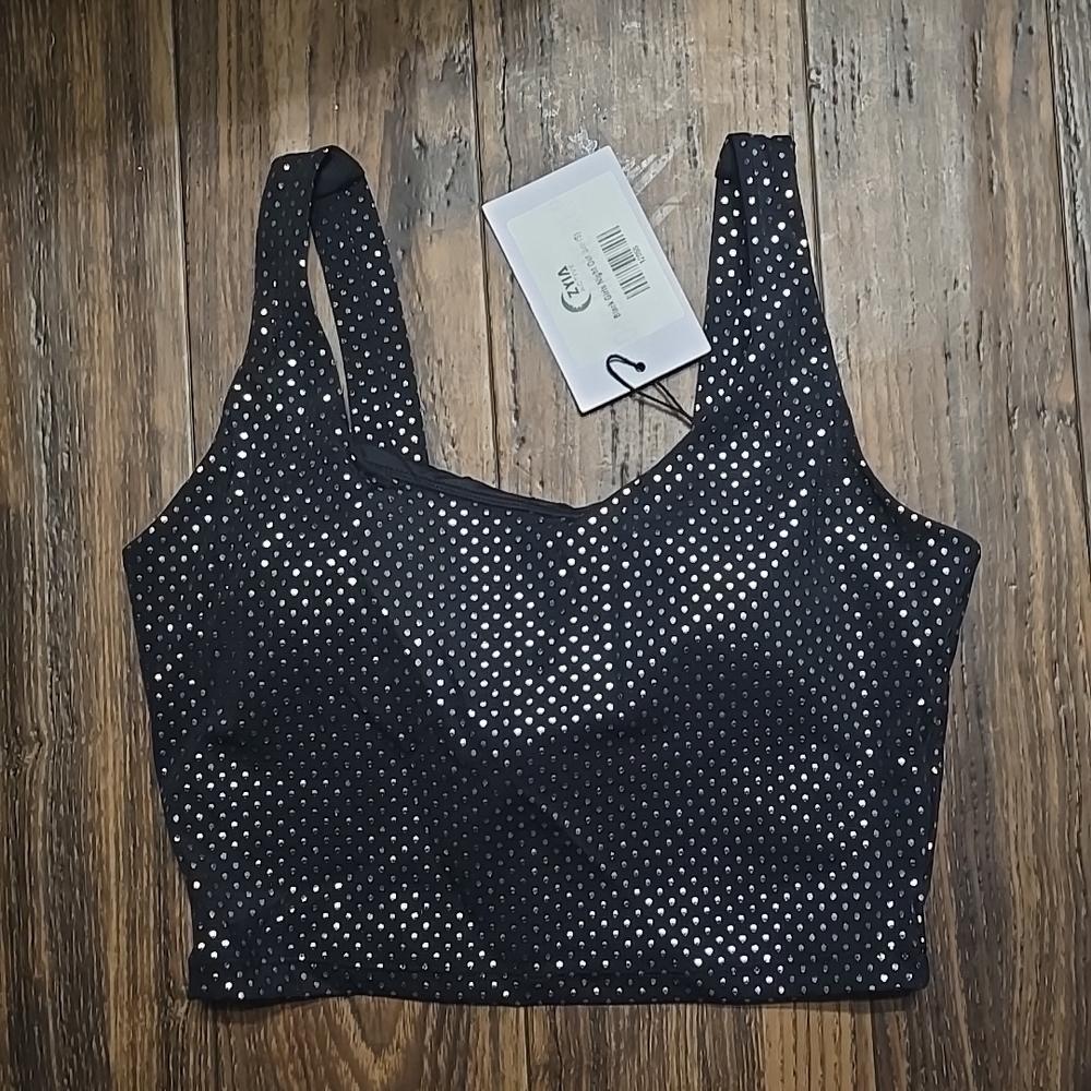 ZYIA Active, Black and Silver, Girls Night Out SportsBra, Sz Small, NWT